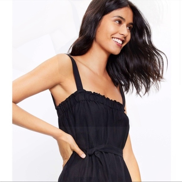NWT Ann Taylor LOFT Jumpsuit Romper Black Linen Square Neck Ruffle Wide Leg XS - Picture 4 of 13